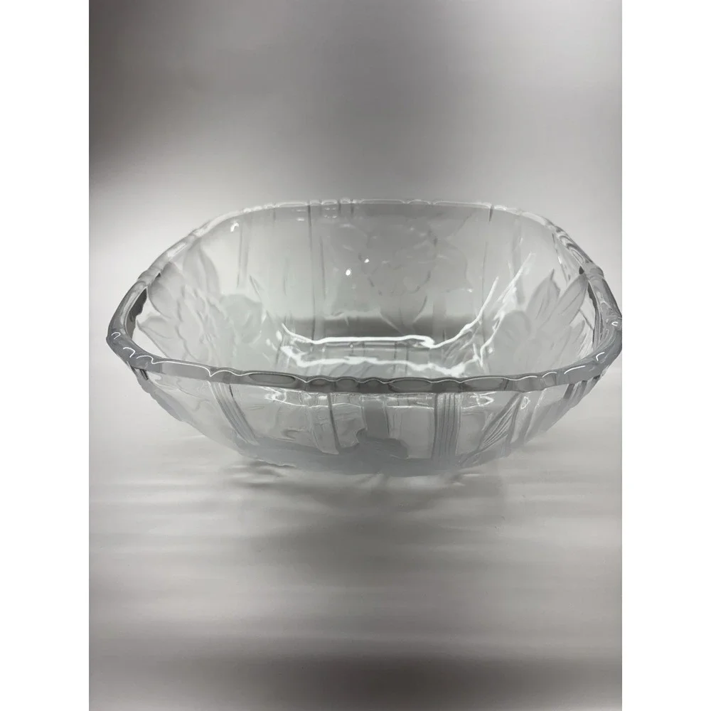 Vintage Mikasa Frosted Glass Square Bowl With Lily & Daffodil Floral Design‎